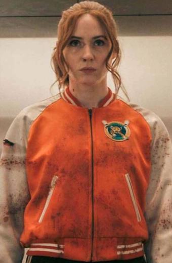 Samantha Gunpowder Milkshake Karen Gillan Orange Satin Jacket