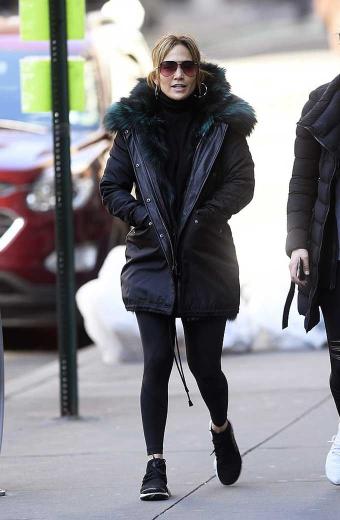 Jennifer Lopez Casual Green Fur Hooded Black Leather Coat