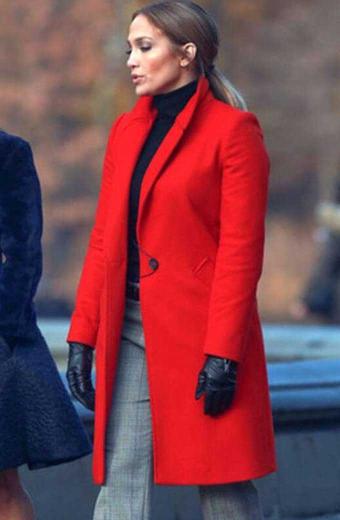Maya Second Act Jennifer Lopez Red Wool Long Trench Coat