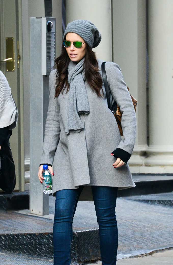 Womens Casual Jessica Biel Street Style Grey Wool Winter Coat
