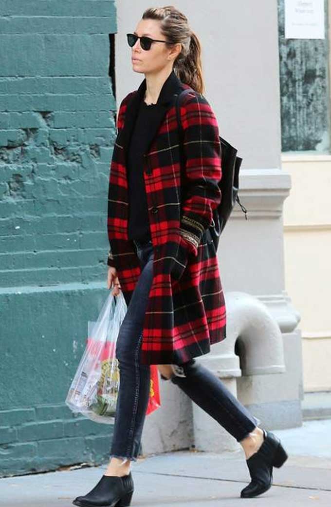 Jessica Biel Street Womens Casual Red Wool Long Plaid Coat