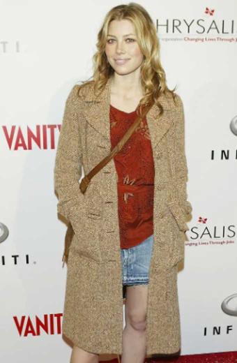 Jessica Biel Vanity Fair Party Beige Long Wool Trench Coat