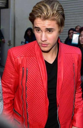 Mens Casual Justin Bieber Biker Red Quilted Leather Jacket