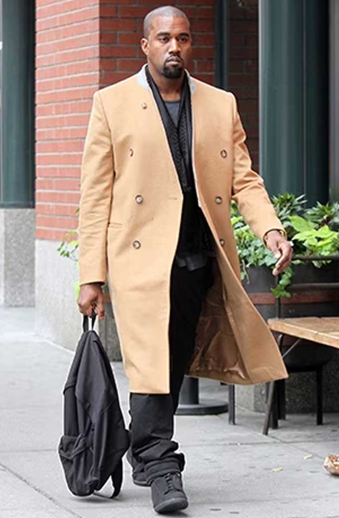 Mens Kanye Omari West Casual Camel Brown Wool Long Coat