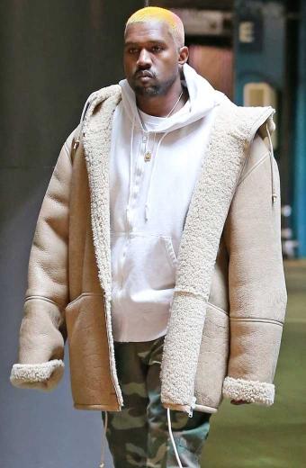 Kanye Omari West Mens Hooded Beige Leather Shearling Jacket