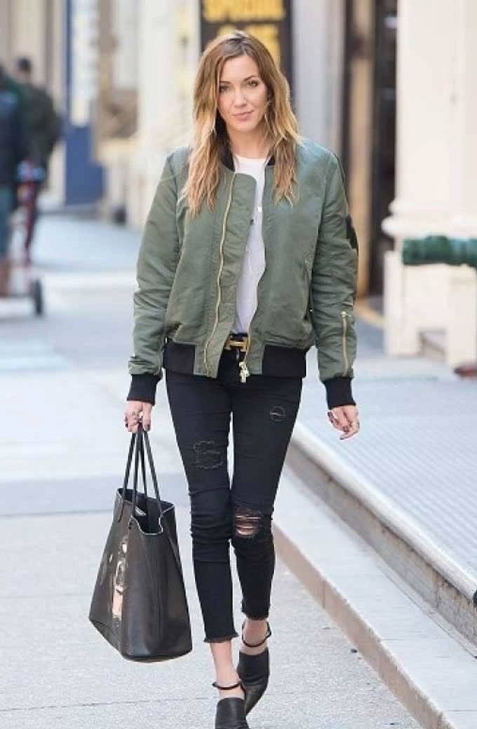 Katie Cassidy Casual Street Style Bomber Green Cotton Jacket
