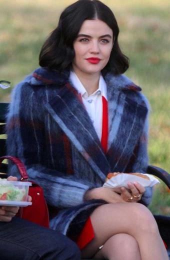 Lucy Hale Katy Keene Plaid Blue Checked Wool Trench Coat