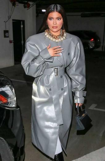 Kylie Jenner Womens Grey Leather Double Breasted Trench Coat