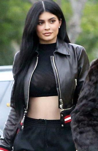 Kylie Jenner Womens Black Cropped Leather Varsity Jacket