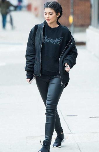 Kylie Jenner Street Style Womens Black Bomber Wool Jacket