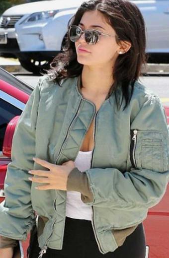 Womens Kylie Jenner Street Casual Bomber Green Cotton Jacket