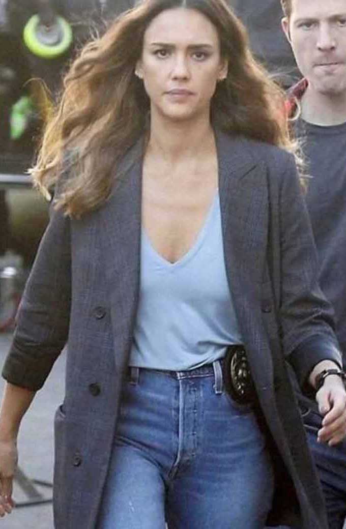 Jessica Alba Nancy McKenna LAs Finest Grey Trench Blazer jessica-alba-las-finest-trench-blazer