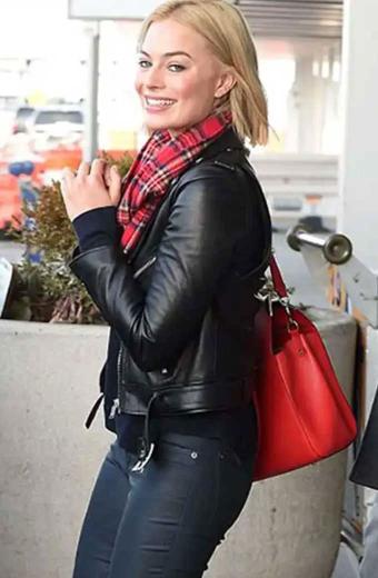 Margot Robbie JFK Airport NYC Casual Black Leather Jacket