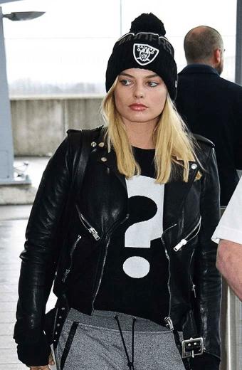 Margot Robbie Heathrow Airport Casual Black Leather Jacket