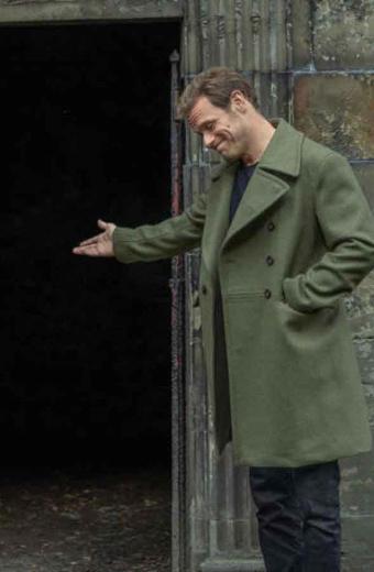 Sam Heughan Men in Kilts TV Series Green Wool Trench Pea Coat