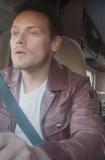 Sam Heughan Men in Kilts TV Series Biker Maroon Leather Jacket