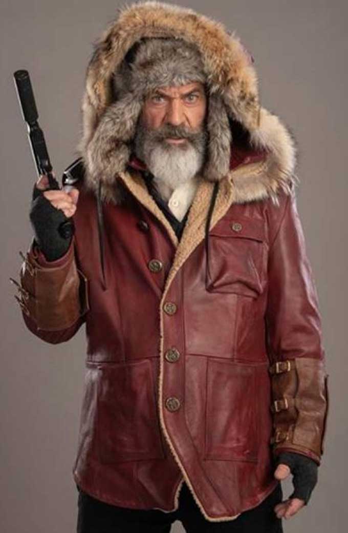Mel Gibson Fatman Chris Cringle Hooded Maroon Leather Parka