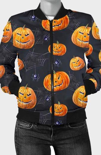 Men Halloween Party Pumpkin Printed Cotton Bomber Jacket