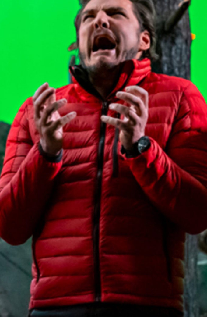 Pedro Pascal The Bubble Dieter Bravo Red Puffer Jacket