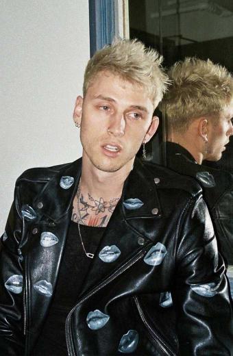 Machine Gun Kelly Biker Black Leather Blue Lips Print Jacket