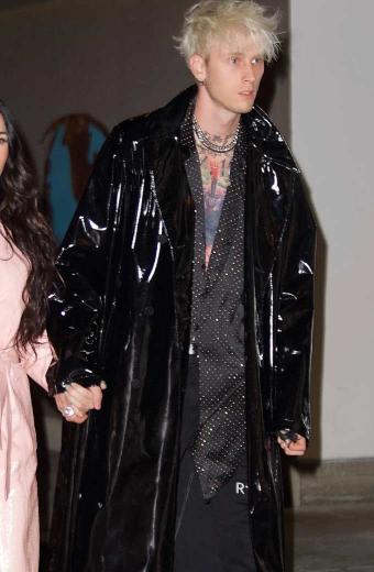 Casual Machine Gun Kelly Mens Black PVC Long Trench Coat