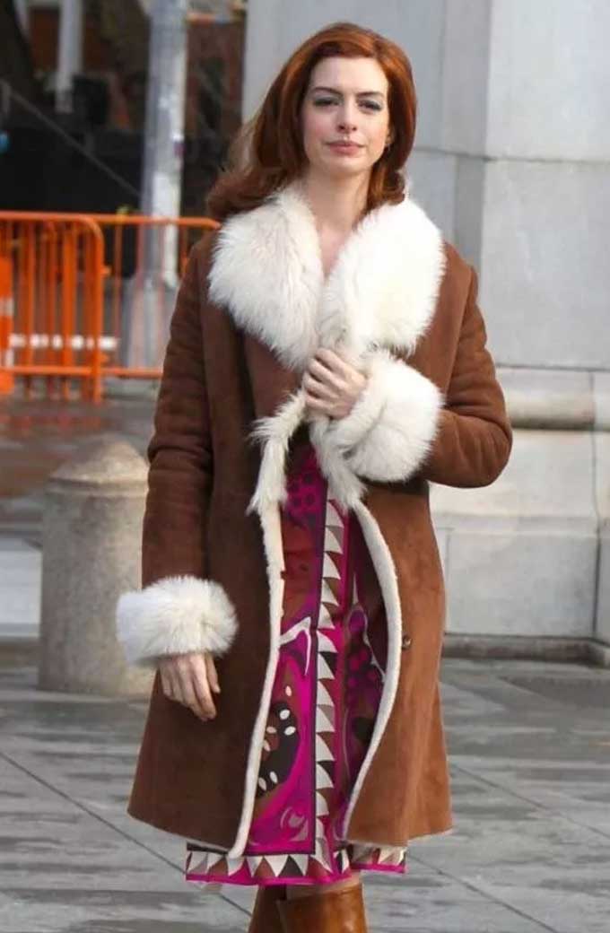 Lexi Modern Love Anne Hathaway Suede-Leather Shearling Coat