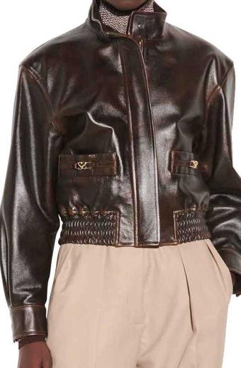 Kennedy McMann Nancy Drew Cropped Brown Bomber Leather Jacket