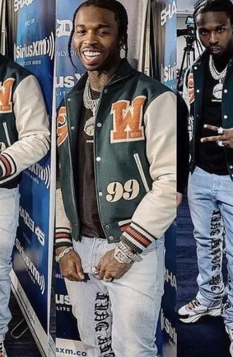 Casual Pop Smoke PTSD Mens Green Wool Bomber Varsity Jacket