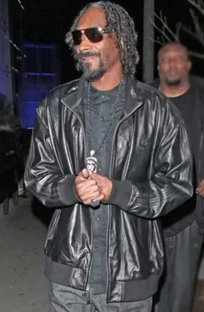 Mens Snoop Dogg Street Casual Black Leather Bomber Jacket