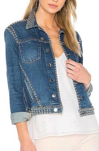 Jenn Yu Spinning Out Amanda Zhou Studded Blue Denim Jacket