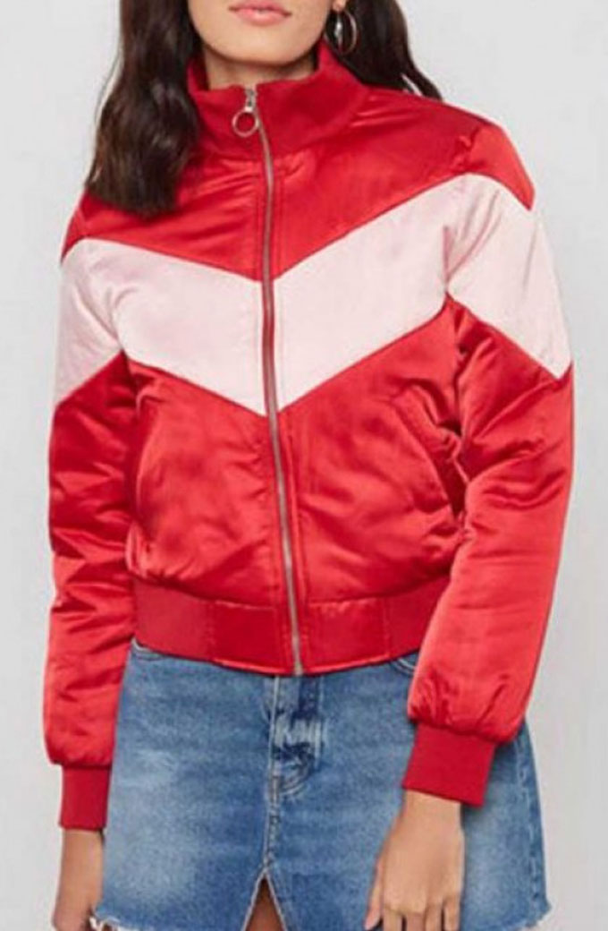 Willow Shields Spinning Out Serena Baker Red Bomber Jacket