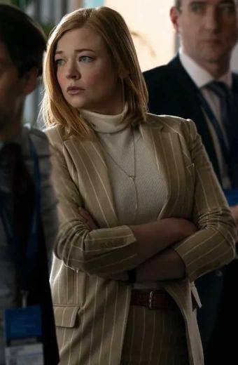 Sarah Snook Shiv Roy Succession Beige Pinstripe Cotton Coat