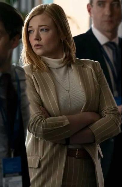 Succession Sarah Snook Shiv Roy Beige Pinstripe Cotton Coat sarah-snook-succession-coat
