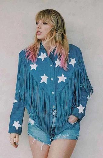 Taylor Swift Singer Casual Denim Stars Fringe Cropped Jacket