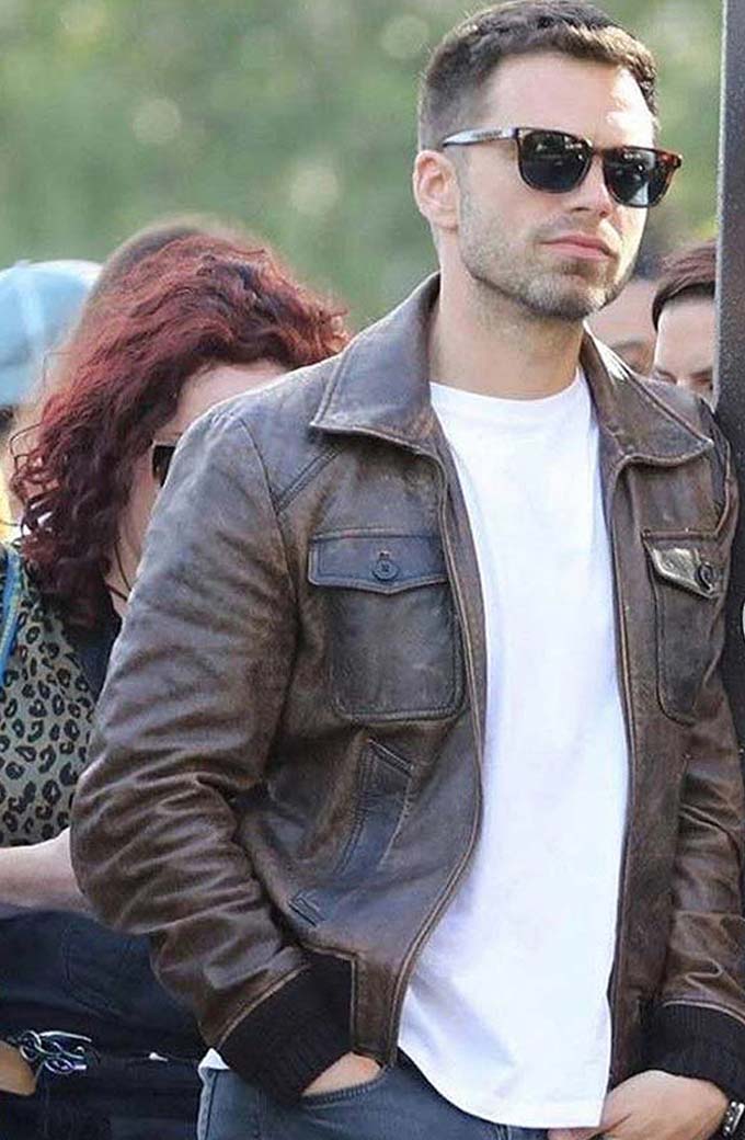 The 355 Movie Nick Fowler Sebastian Stan Brown Leather Jacket