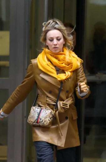 Cassie Bowden Kaley Cuoco Flight Attendant Beige Leather Coat