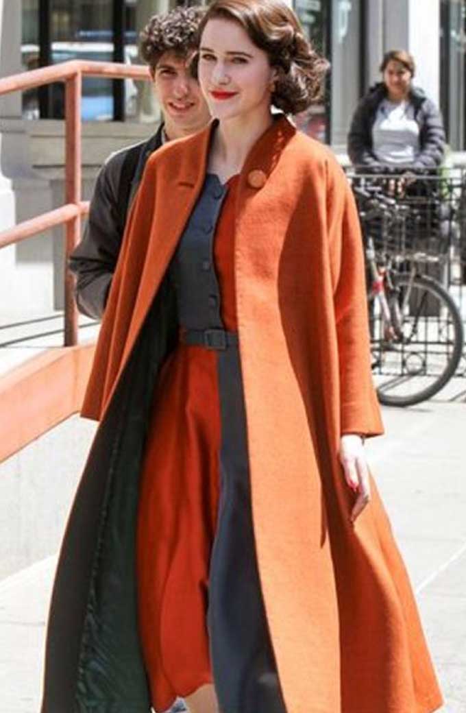 Miriam Marvelous Mrs Maisel Rachel Brosnahan Long Orange Coat