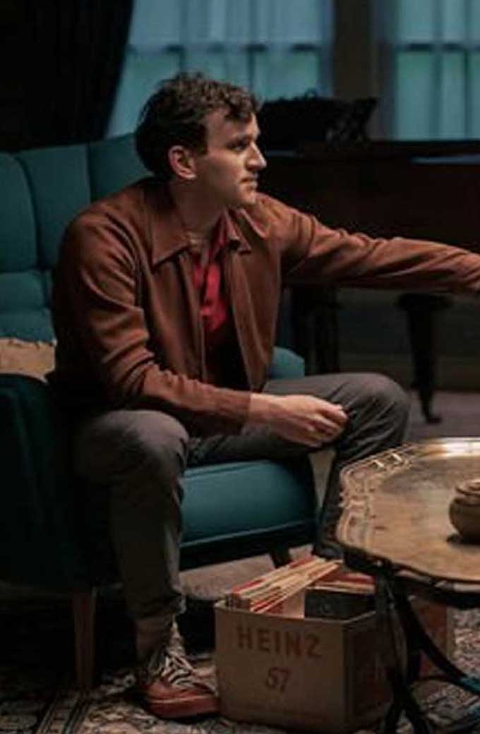 Harry Melling The Queens Gambit Bomber Brown Leather Jacket