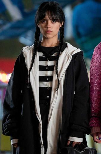 Jenna Ortega Wednesday Addams Hooded Black Bomber Fleece Coat