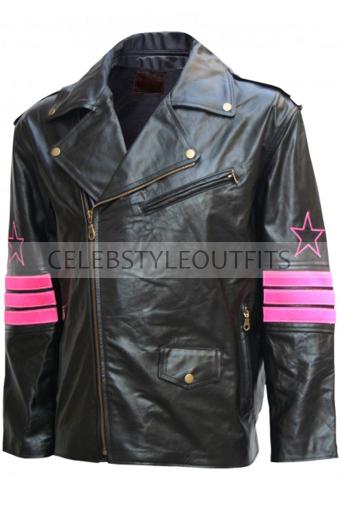 Hitman WWE Bret Hart Pink Stripes Biker Black Leather Jacket