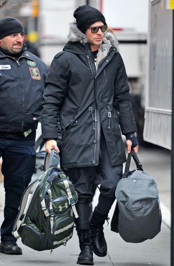 Mens Zac Efron Casual Street Style Hooded Black Fur Parka