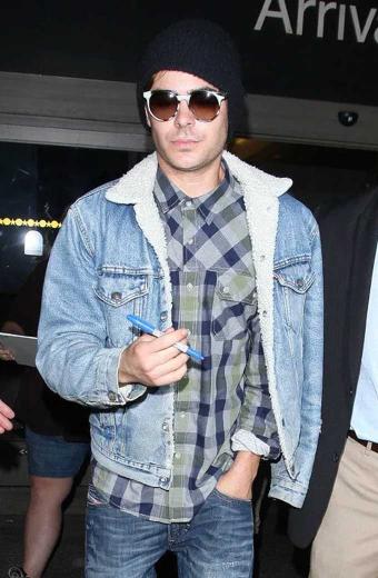 Casual Mens Zac Efron Bomber Blue Denim Shearling Jacket