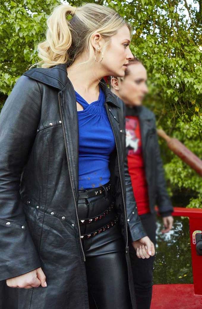 Cara Theobold Jo Zomboat Studded Black Leather Long Coat