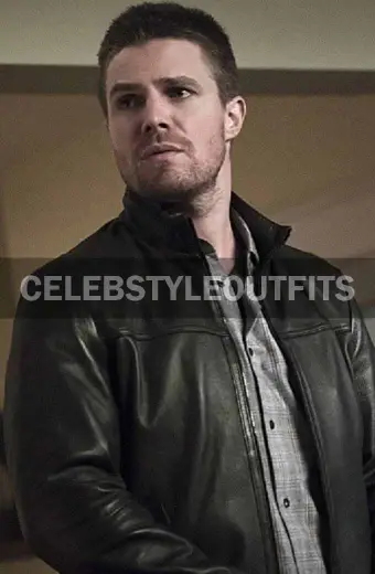 Stephen Amell Arrow TV Show Oliver Queen Black Leather Jacket