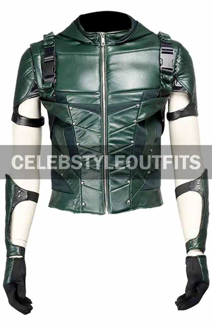Arrow Oliver Queen Stephen Amell Green Leather Hooded Jacket oliver-queen-arrow-green-leather-jacket