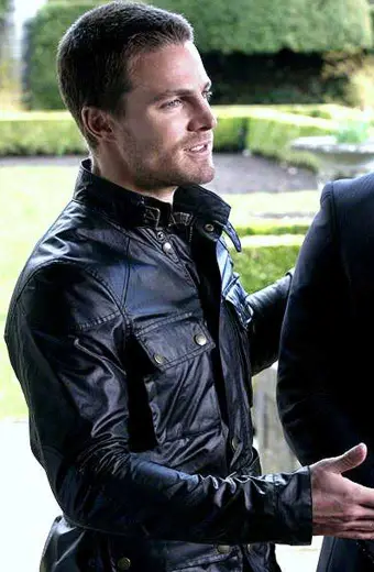 Arrow TV Show Stephen Amell Oliver Queen Black Leather Jacket