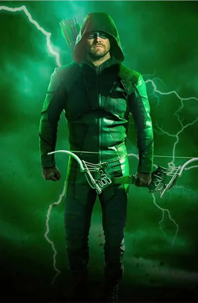 Oliver Queen Stephen Amell Arrow Hooded Black Leather Jacket arrow-stephen-amell-hooded-jacket