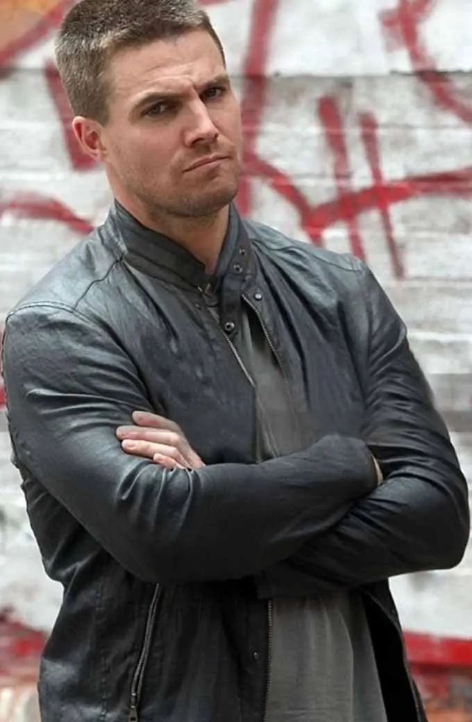Arrow TV Show Oliver Queen Stephen Amell Black Leather Jacket stephen-amell-arrow-black-leather-jacket