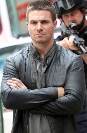 Stephen Amell Oliver Queen Arrow TV Show Black Leather Jacket