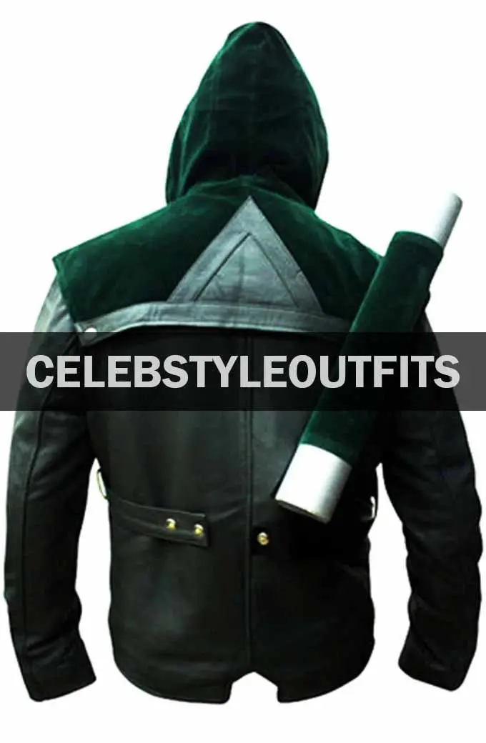 Oliver Queen Arrow Stephen Amell Hooded Green Leather Jacket stephen-amell-arrow-green-leather-costume-jacket